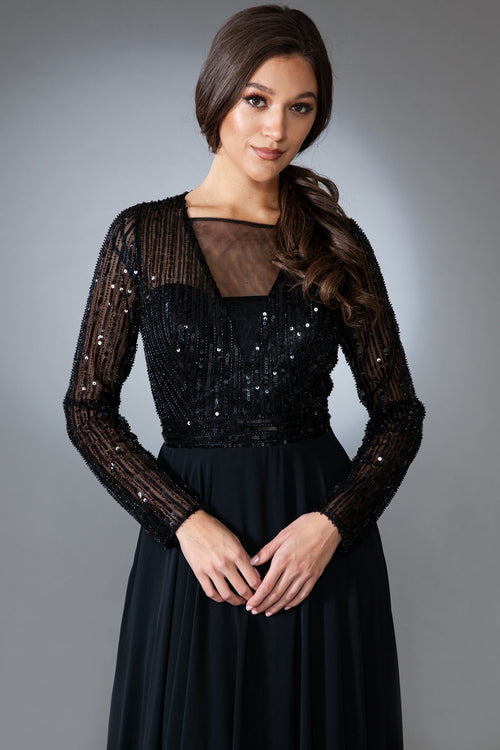 Long Sleeve Sequin Bodice A‑Line Chiffon Evening Dress By Amelia Couture 7036