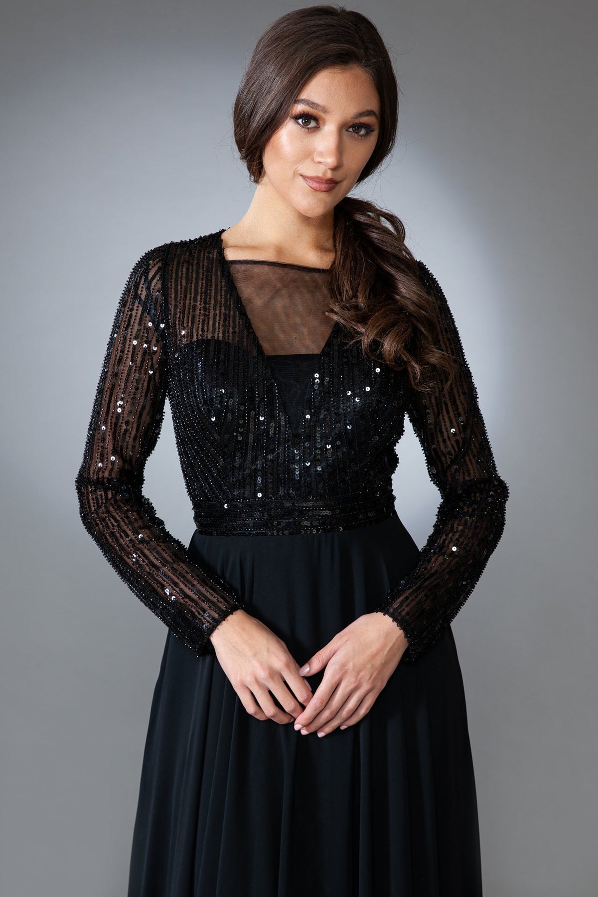 Long Sleeve Sequin Bodice A‑Line Chiffon Evening Dress By Amelia Couture 7036