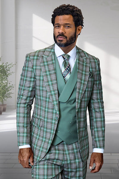 Men's Designer One Button Peak Lapel Italian Wool Suit with Double Breasted Vest in Sage Green Plaid