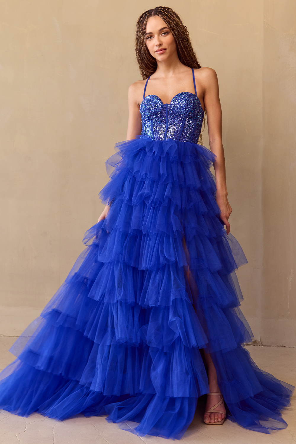 Sequin Beaded Corset Bodice Tiered Ruffle Tulle A-Line Gown Prom Dress by Amelia Couture 4048