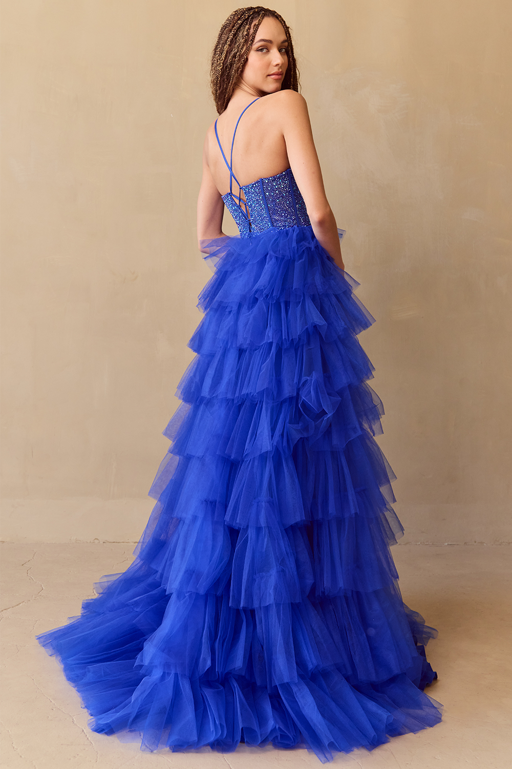 Sequin Beaded Corset Bodice Tiered Ruffle Tulle A-Line Gown Prom Dress by Amelia Couture 4048