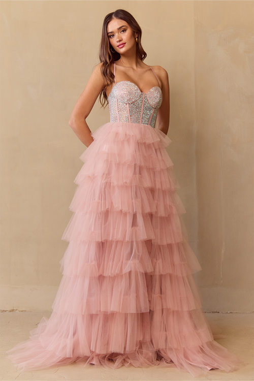 Sequin Beaded Corset Bodice Tiered Ruffle Tulle A-Line Gown Prom Dress by Amelia Couture 4048
