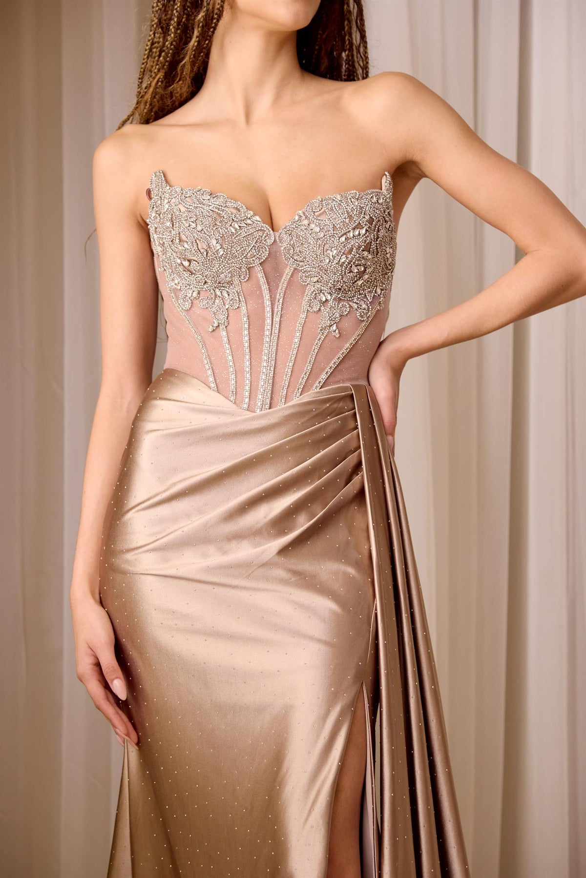 Beaded Sheath Evening Gown Sweetheart Illusion Bodice Satin Prom Dress by Amelia Couture 2128