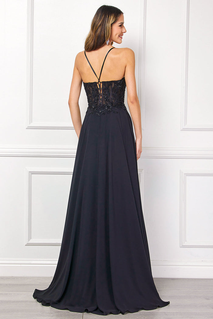 Black Beaded Corset A-Line Dress with Illusion Mesh, High Slit & Pockets by Amelia Couture 7066