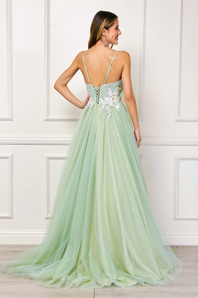 Floral Applique Glitter Tulle A-Line Dress with Pockets V-Neck Corset Back by Amelia Couture SU088
