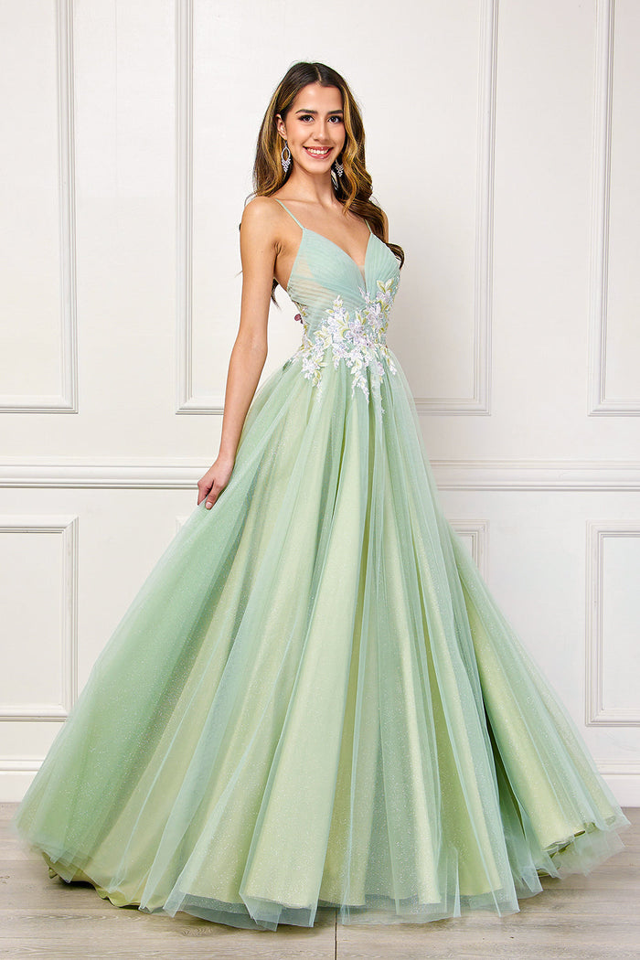 Floral Applique Glitter Tulle A-Line Dress with Pockets V-Neck Corset Back by Amelia Couture SU088
