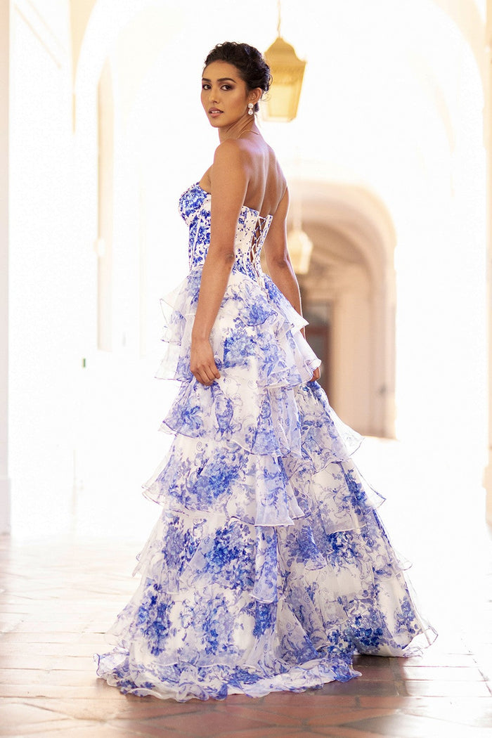 Floral Print Strapless Ruffle A-line Tiered Wedding Guest Dress with Lace-Up Back By Amelia Couture 2060