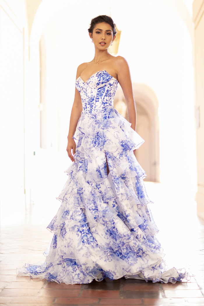 Floral Print Strapless Ruffle A-line Tiered Wedding Guest Dress with Lace-Up Back By Amelia Couture 2060