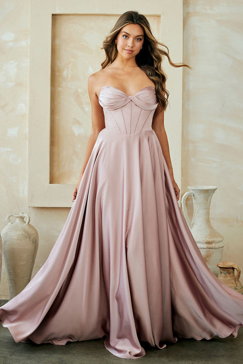 Strapless Sweetheart Satin Corset A-Line Prom Dress with Lace-Up Back by Amelia Couture 4053