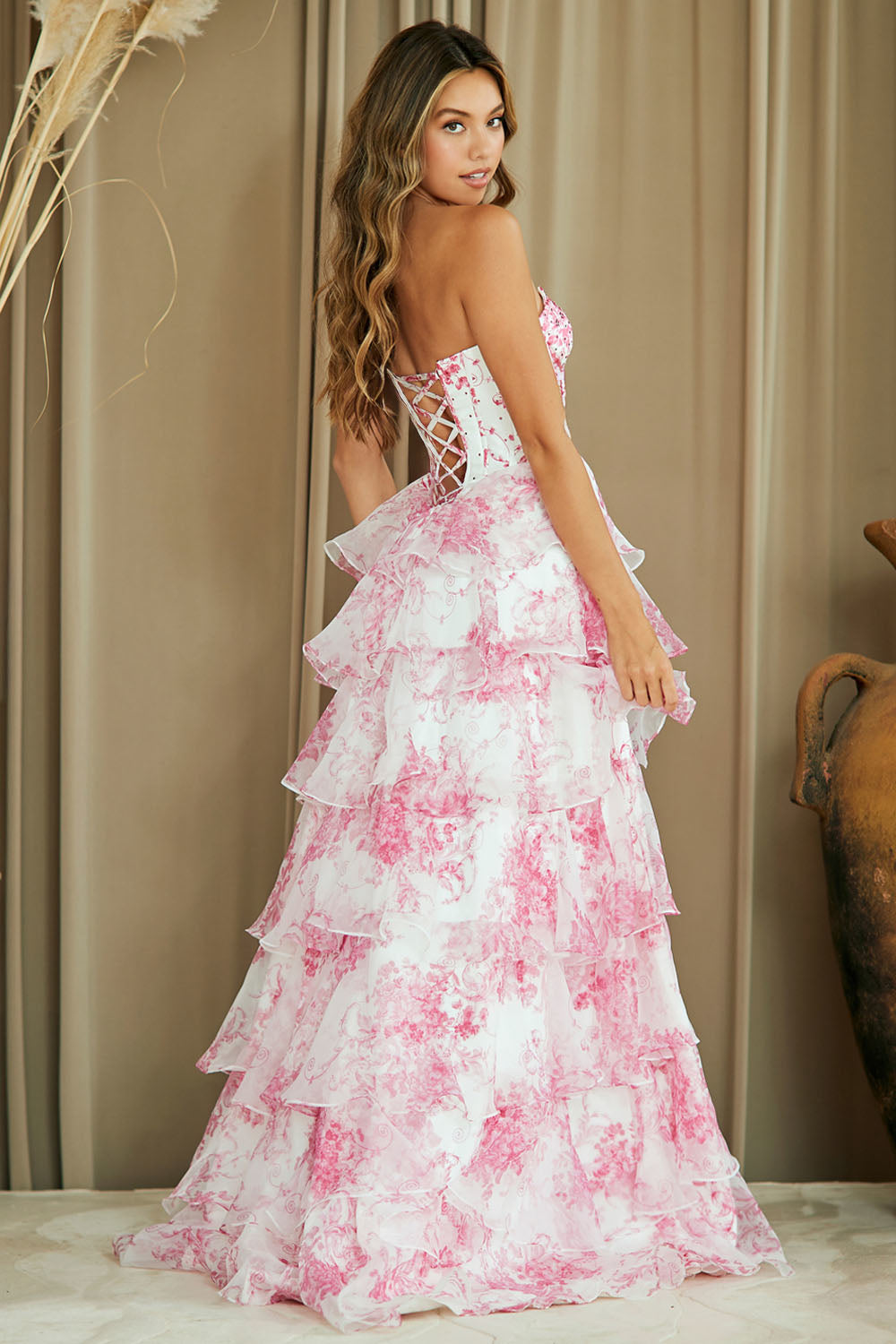 Floral Print Strapless Ruffle A-line Tiered Wedding Guest Dress with Lace-Up Back By Amelia Couture 2060