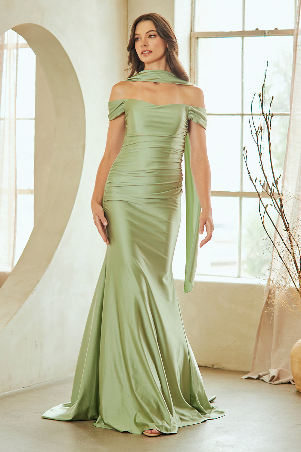 Off-Shoulder Satin Sheath Gown with Matching Scarf Ruched Lace-Up Back by Amelia Couture 3101