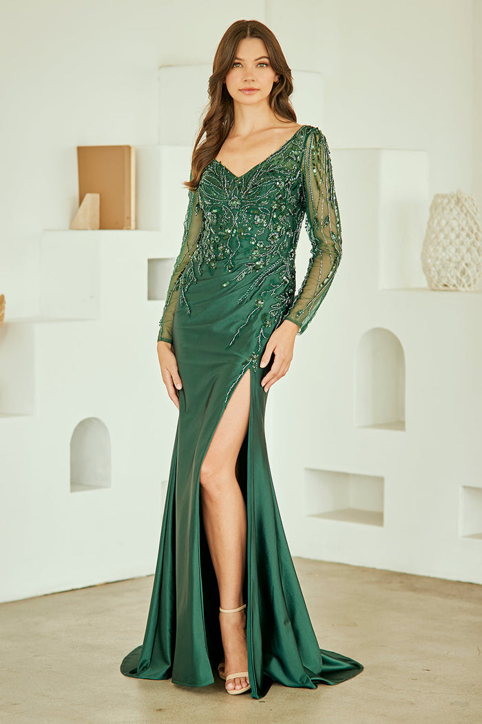Sequin Long Sleeve Mother of the Bride Dress V-Neck Formal Gown with Slit by Amelia Couture JQ1102