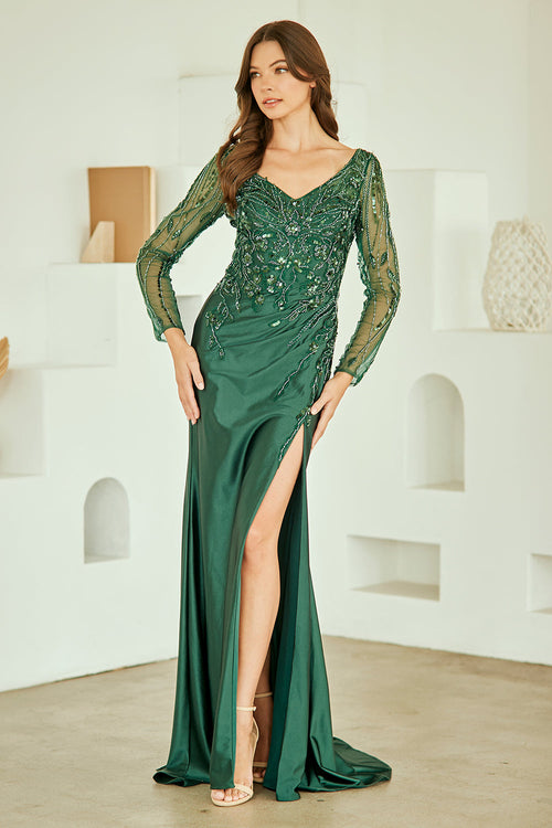 Sequin Long Sleeve Mother of the Bride Dress V-Neck Formal Gown with Slit by Amelia Couture JQ1102