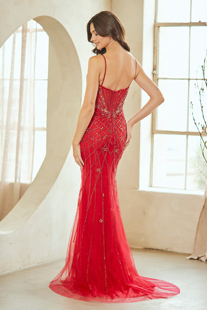 Mermaid Evening Gown with Spaghetti Straps & Illusion V-Neck Formal Dress by Amelia Couture 2135