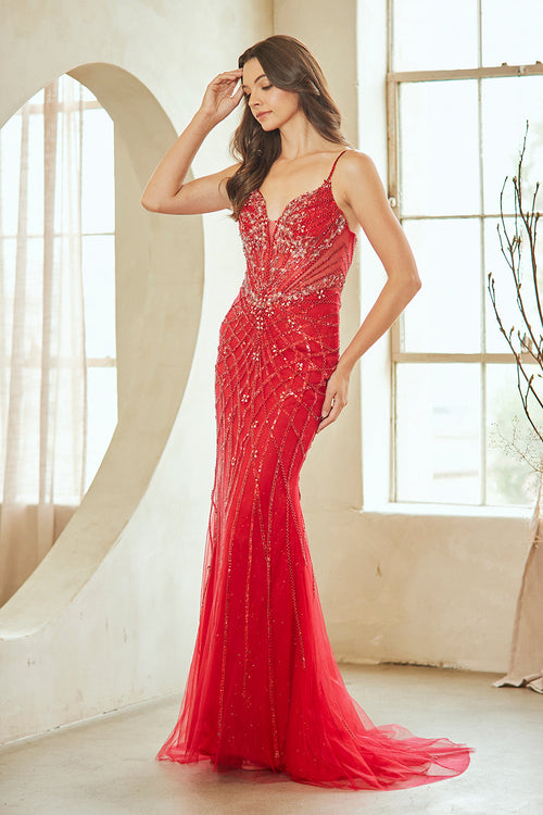 Mermaid Evening Gown with Spaghetti Straps & Illusion V-Neck Formal Dress by Amelia Couture 2135