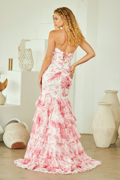 Floral Strapless Mermaid Prom Dress with Tiered Ruffle Skirt & Lace-Up Back by Amelia Couture 8060