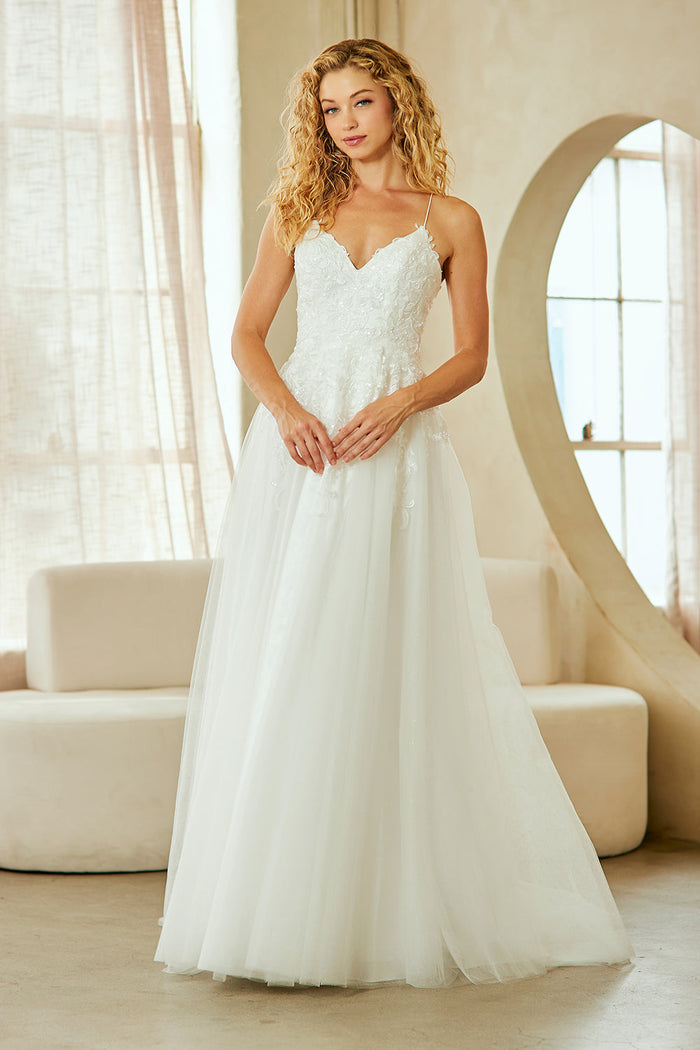 Lace Tulle A-Line Wedding Dress with Spaghetti Straps and V-Neck Bodice by Amelia Couture 9079