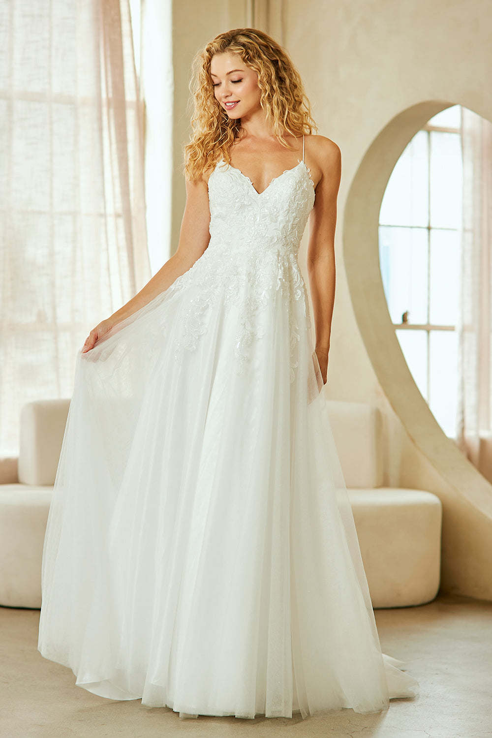 Lace Tulle A-Line Wedding Dress with Spaghetti Straps and V-Neck Bodice by Amelia Couture 9079