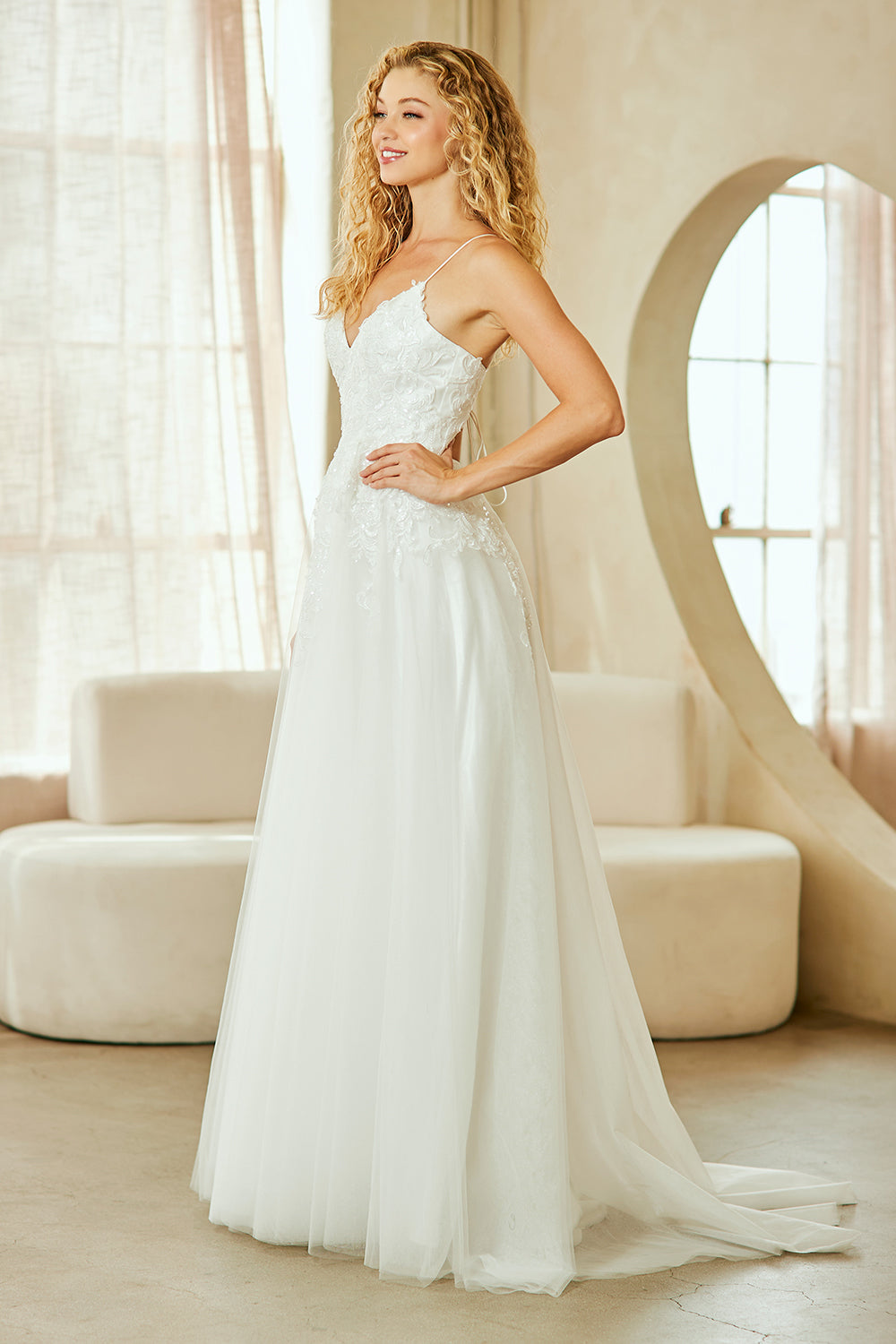 Lace Tulle A-Line Wedding Dress with Spaghetti Straps and V-Neck Bodice by Amelia Couture 9079