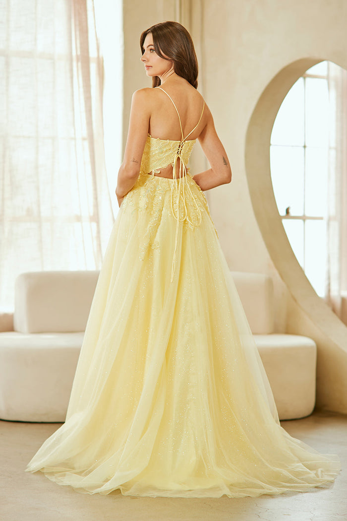 Lace Tulle A-Line Wedding Dress with Spaghetti Straps and V-Neck Bodice by Amelia Couture 9079