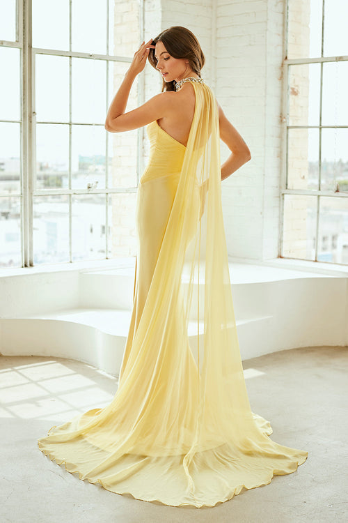 Beaded Evening Gown with Chiffon Cape & Thigh-High Slit Formal Prom Dress by Amelia Couture 8055