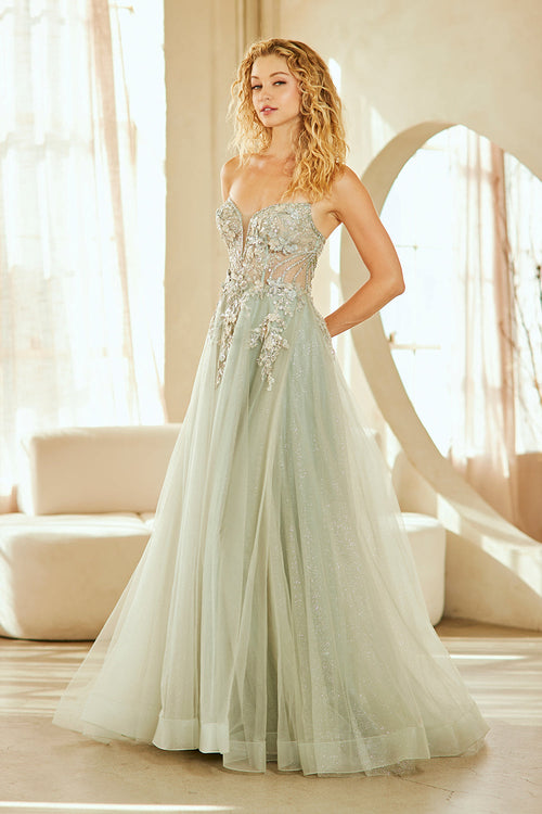 Corset Bodice A-Line Prom Dress Floral Applique Sweetheart Gown with Slit by Amelia Couture 4062