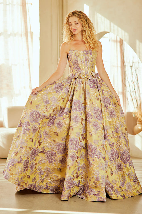 Strapless Floral Jacquard A-Line Gown with Corset Back and Bow Waist Detail by Amelia Couture 8068