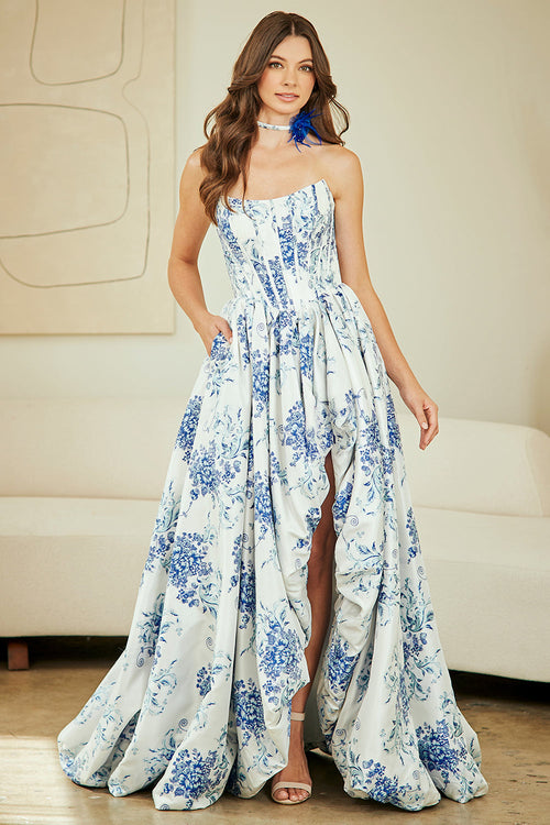 Strapless Floral Corset A-Line Prom Dress with Toile Print Gown by Amelia Couture 2079