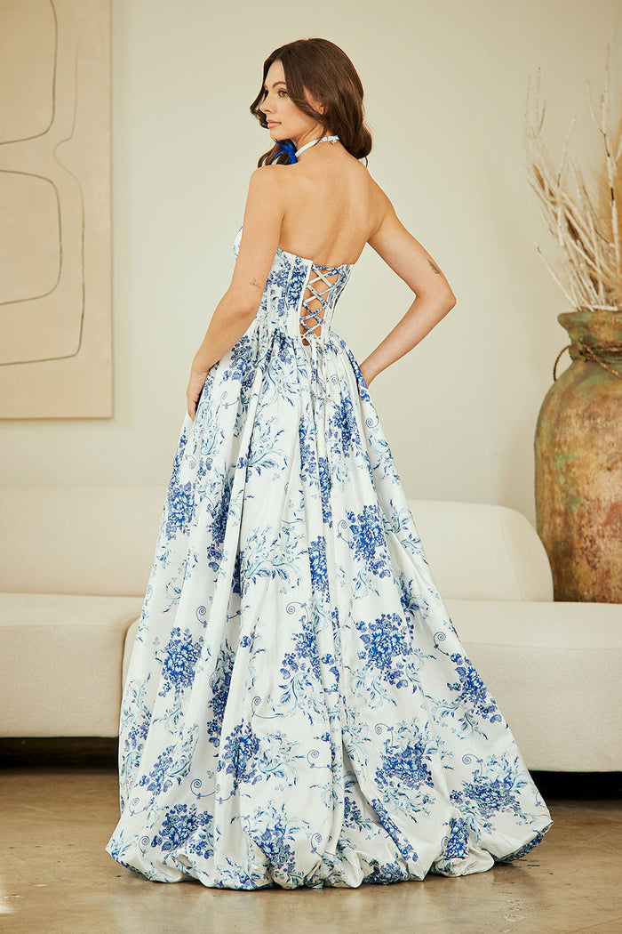 Strapless Floral Corset A-Line Prom Dress with Toile Print Gown by Amelia Couture 2079