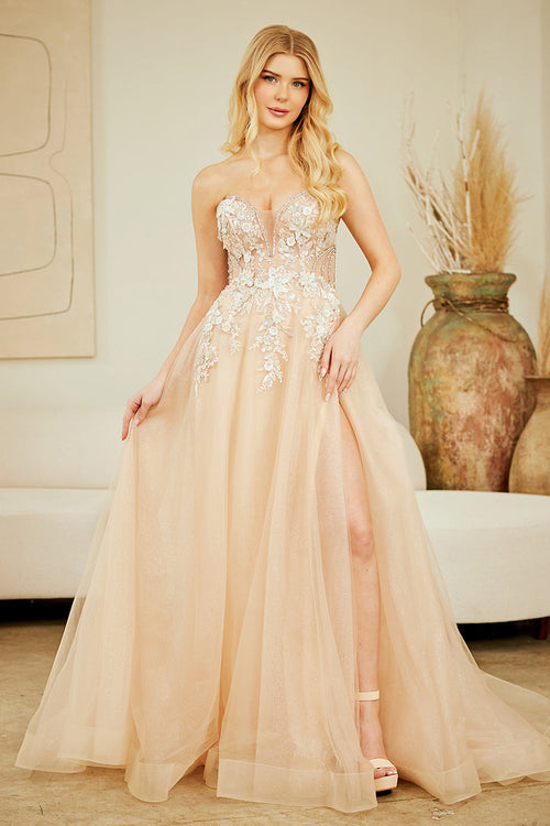Corset Bodice A-Line Prom Dress Floral Applique Sweetheart Gown with Slit by Amelia Couture 4062