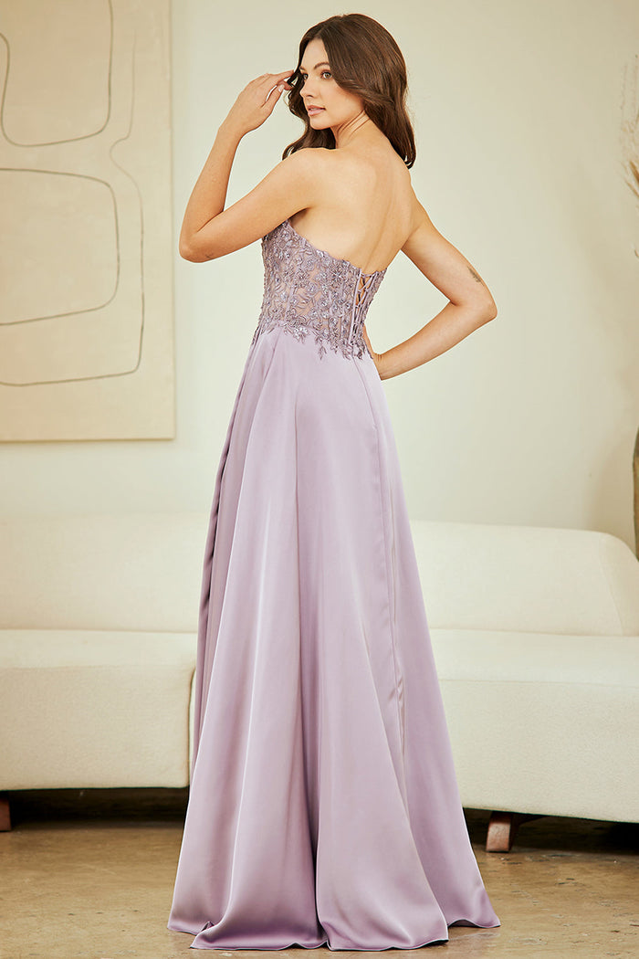 Strapless Satin A-Line Prom Dress with Lace Appliqué Bodice & High Slit Gown by Amelia Couture 6204