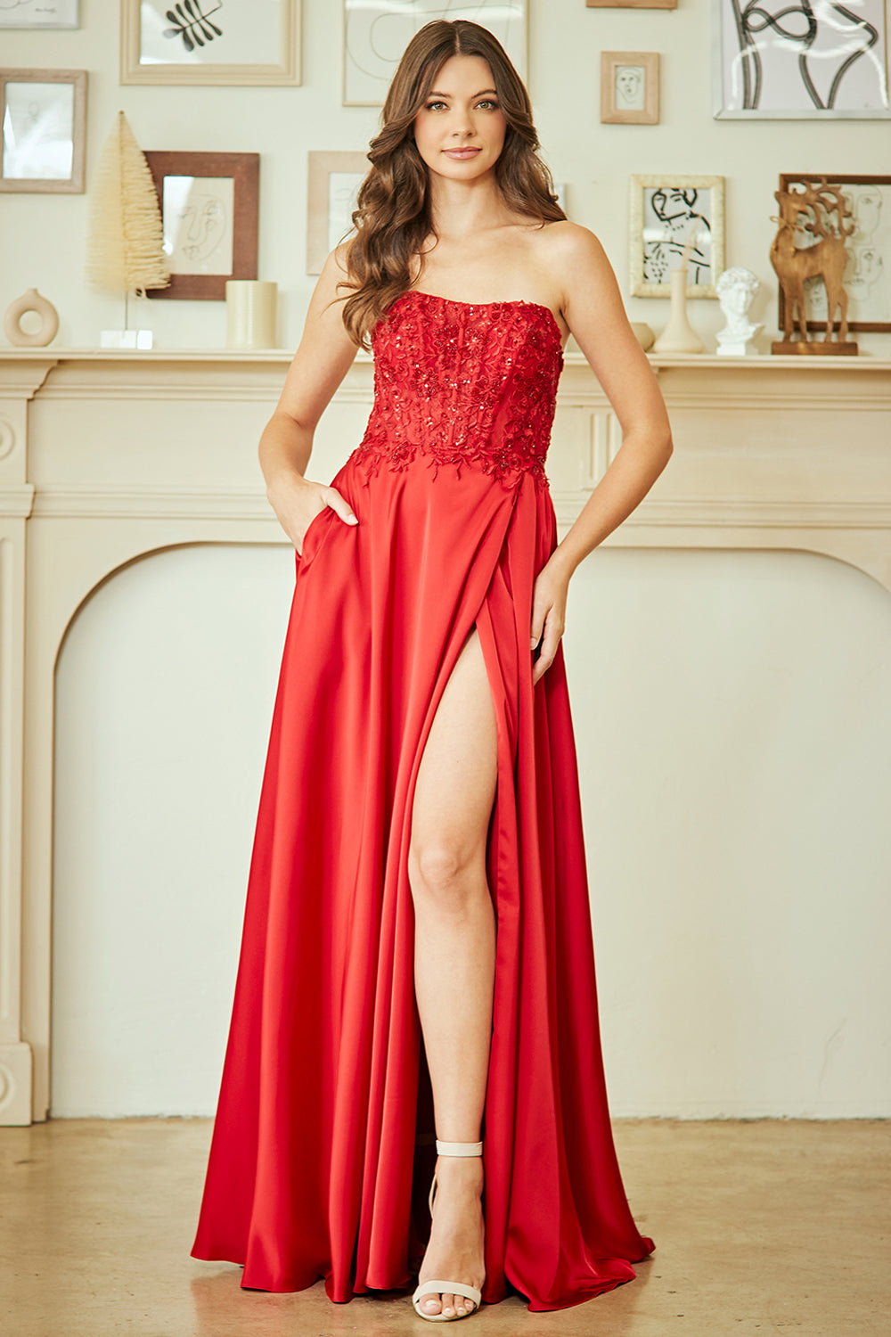 Strapless Satin A-Line Prom Dress with Lace Appliqué Bodice & High Slit Gown by Amelia Couture 6204