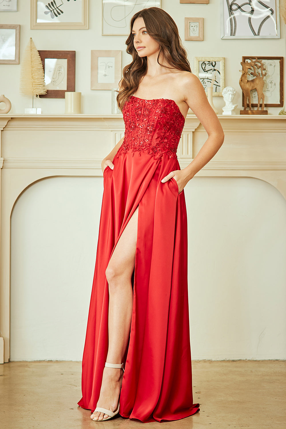 Strapless Satin A-Line Prom Dress with Lace Appliqué Bodice & High Slit Gown by Amelia Couture 6204