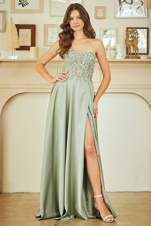 Strapless Satin A-Line Prom Dress with Lace Appliqué Bodice & High Slit Gown by Amelia Couture 6204