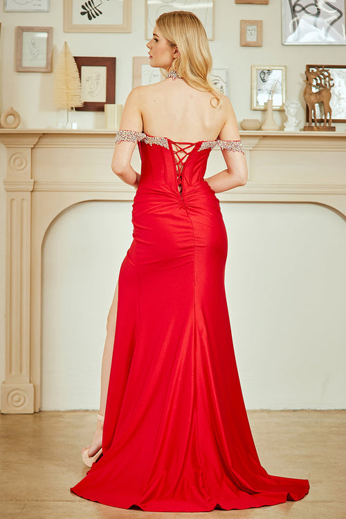 Off Shoulder Rhinestone Trim Corset Prom Dress with Slit & Choker Necklace by Amelia Couture 7086