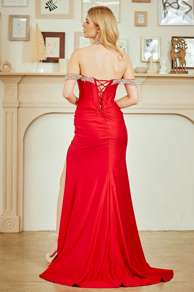 Off Shoulder Rhinestone Trim Corset Prom Dress with Slit & Choker Necklace by Amelia Couture 7086