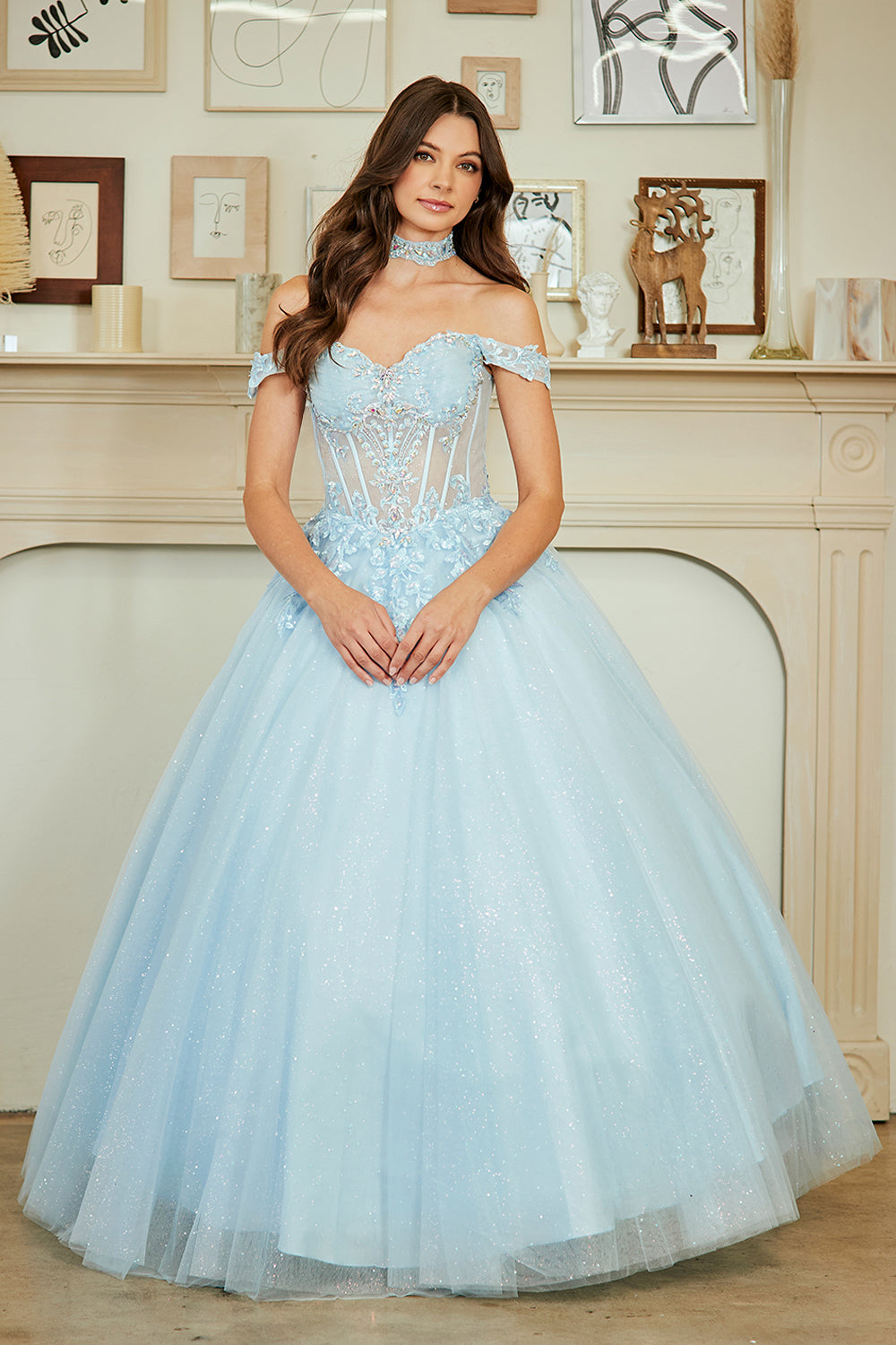 Off Shoulder A-Line Gown with Corset Bodice Glitter Tulle Skirt by Amelia Couture 8064