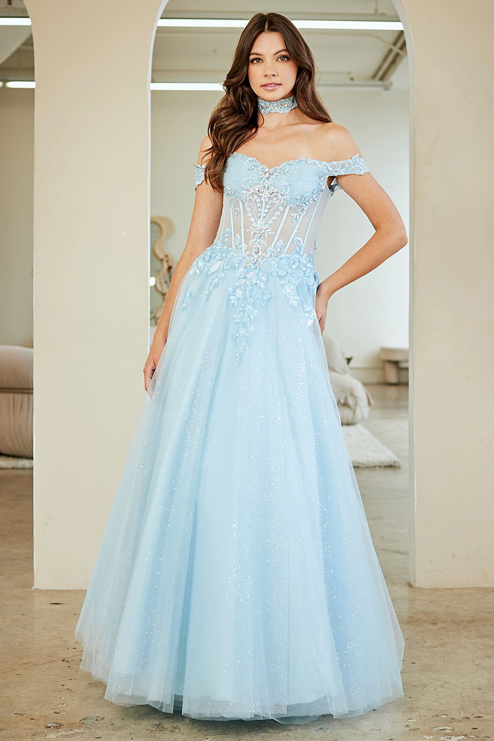 Off Shoulder A-Line Gown with Corset Bodice Glitter Tulle Skirt by Amelia Couture 8064