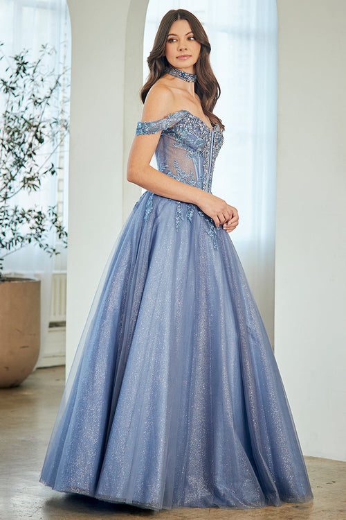 Off-Shoulder Beaded Lace Corset Bodice Sweetheart Neckline & Choker by Amelia Couture 8065