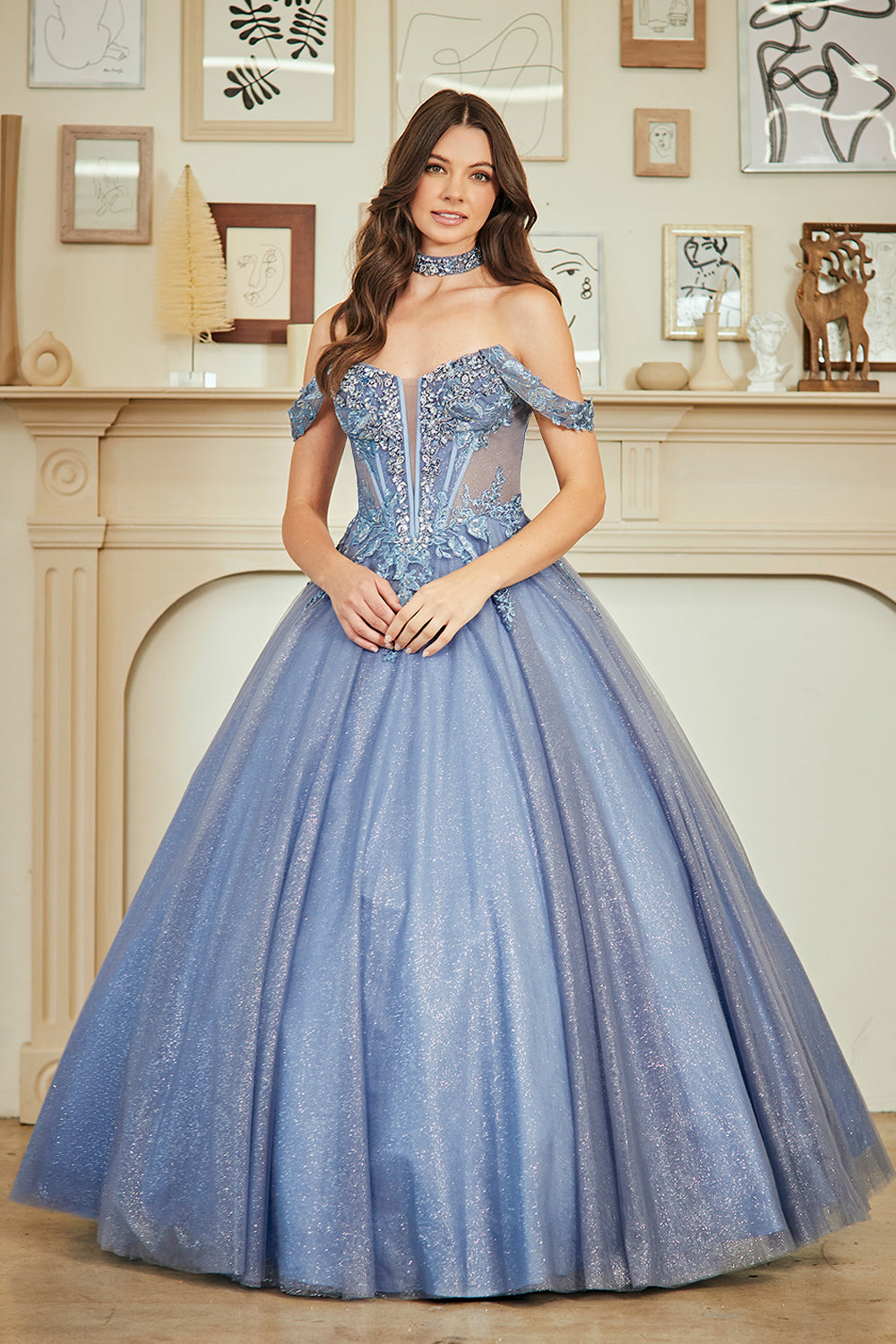 Off-Shoulder Beaded Lace Corset Bodice Sweetheart Neckline & Choker by Amelia Couture 8065