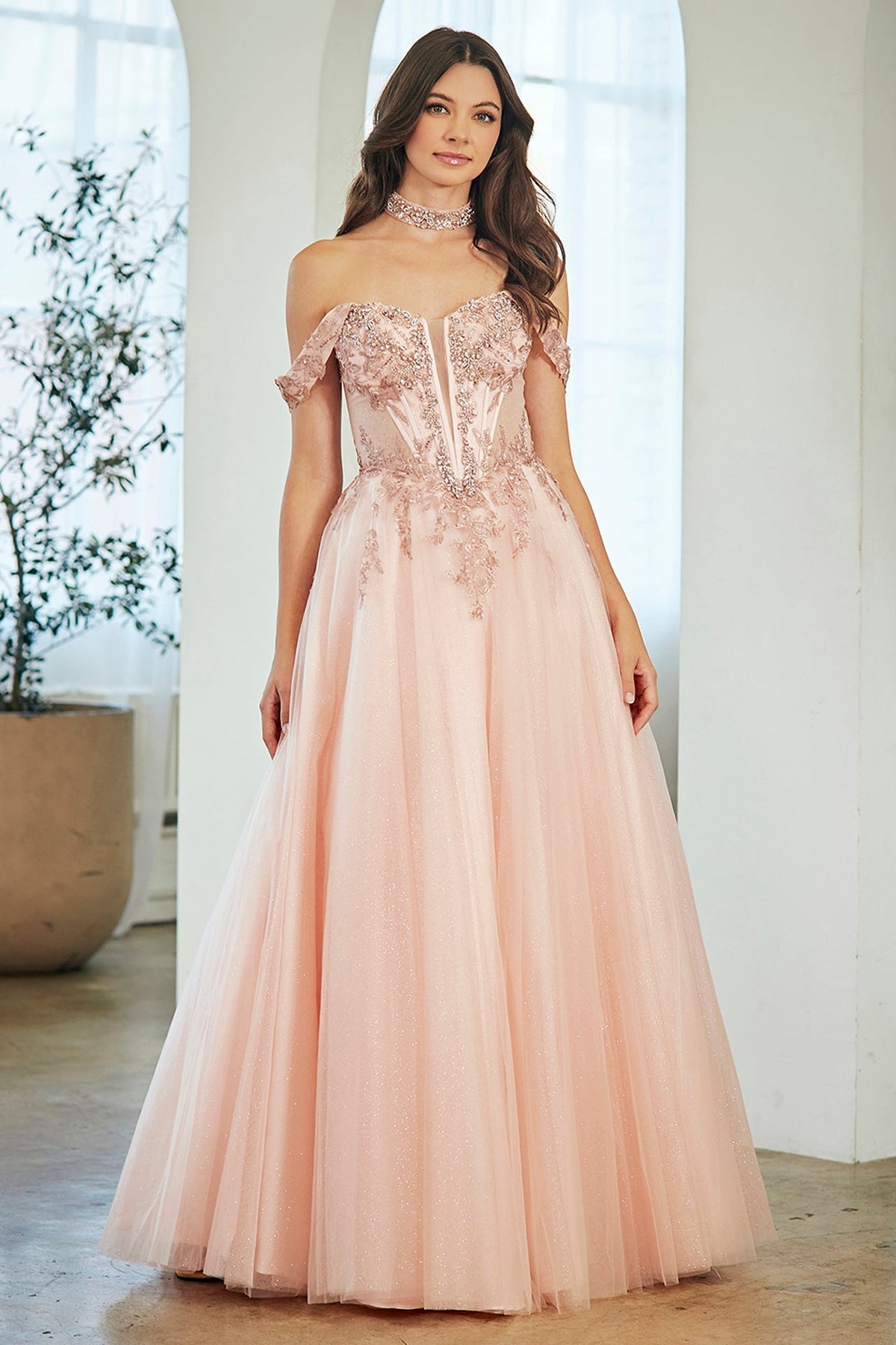 Off-Shoulder Beaded Lace Corset Bodice Sweetheart Neckline & Choker by Amelia Couture 8065