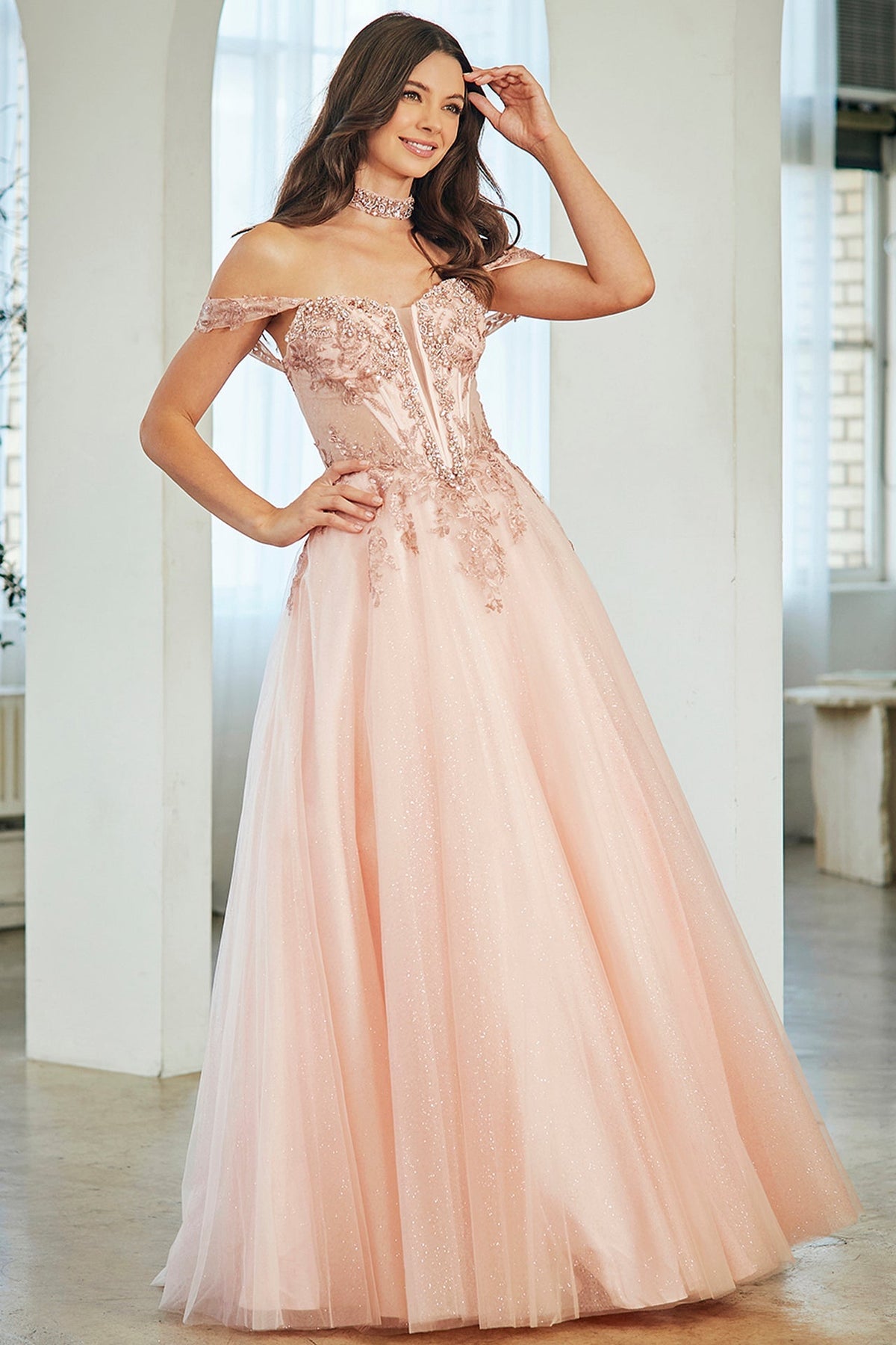 Off-Shoulder Beaded Lace Corset Bodice Sweetheart Neckline & Choker by Amelia Couture 8065