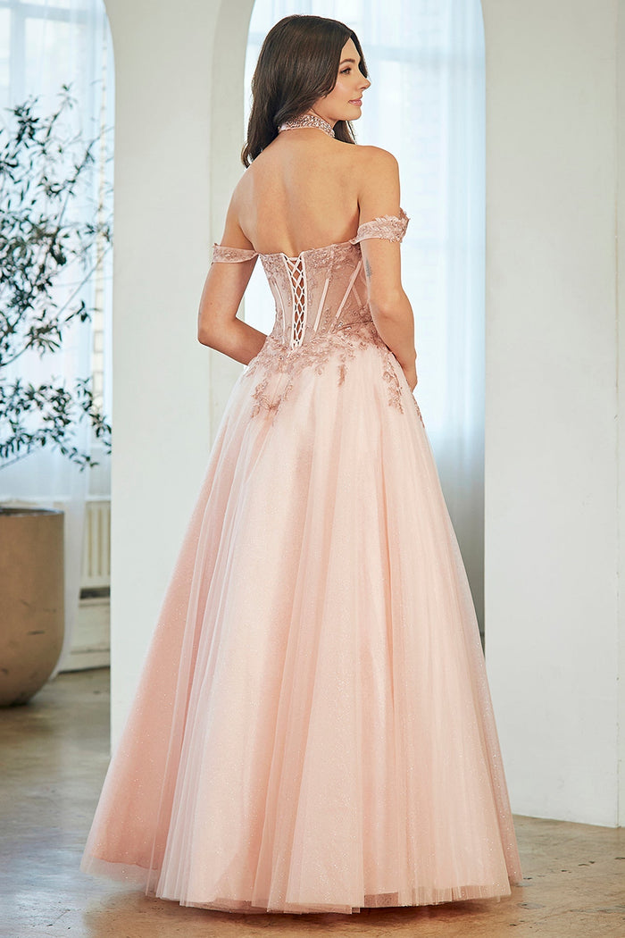 Off-Shoulder Beaded Lace Corset Bodice Sweetheart Neckline & Choker by Amelia Couture 8065