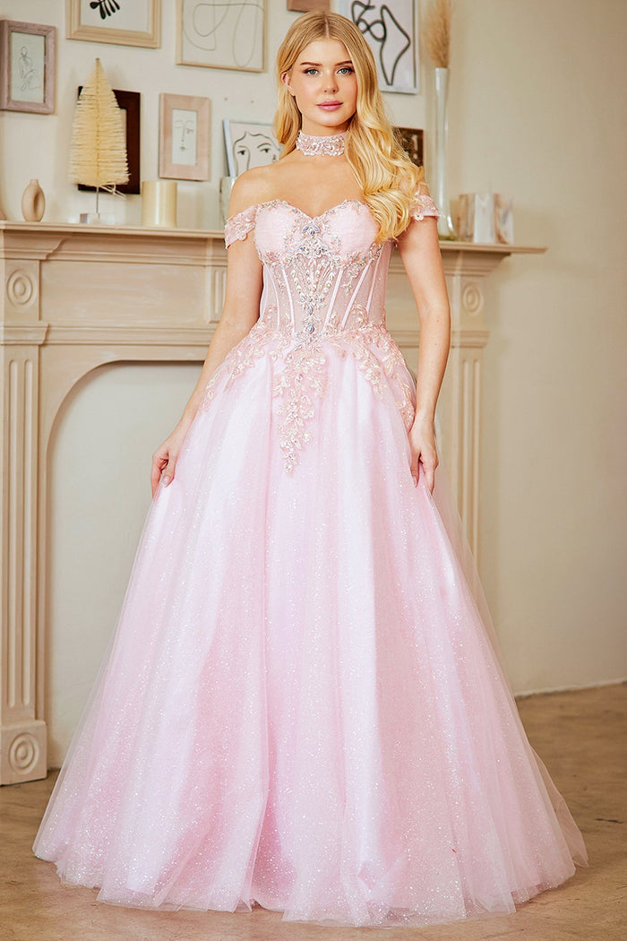 Off Shoulder A-Line Gown with Corset Bodice Glitter Tulle Skirt by Amelia Couture 8064
