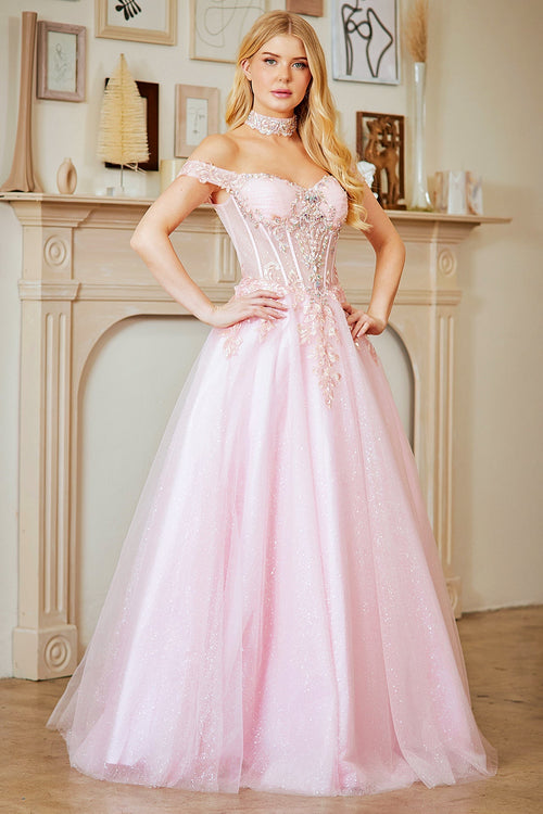 Off Shoulder A-Line Gown with Corset Bodice Glitter Tulle Skirt by Amelia Couture 8064