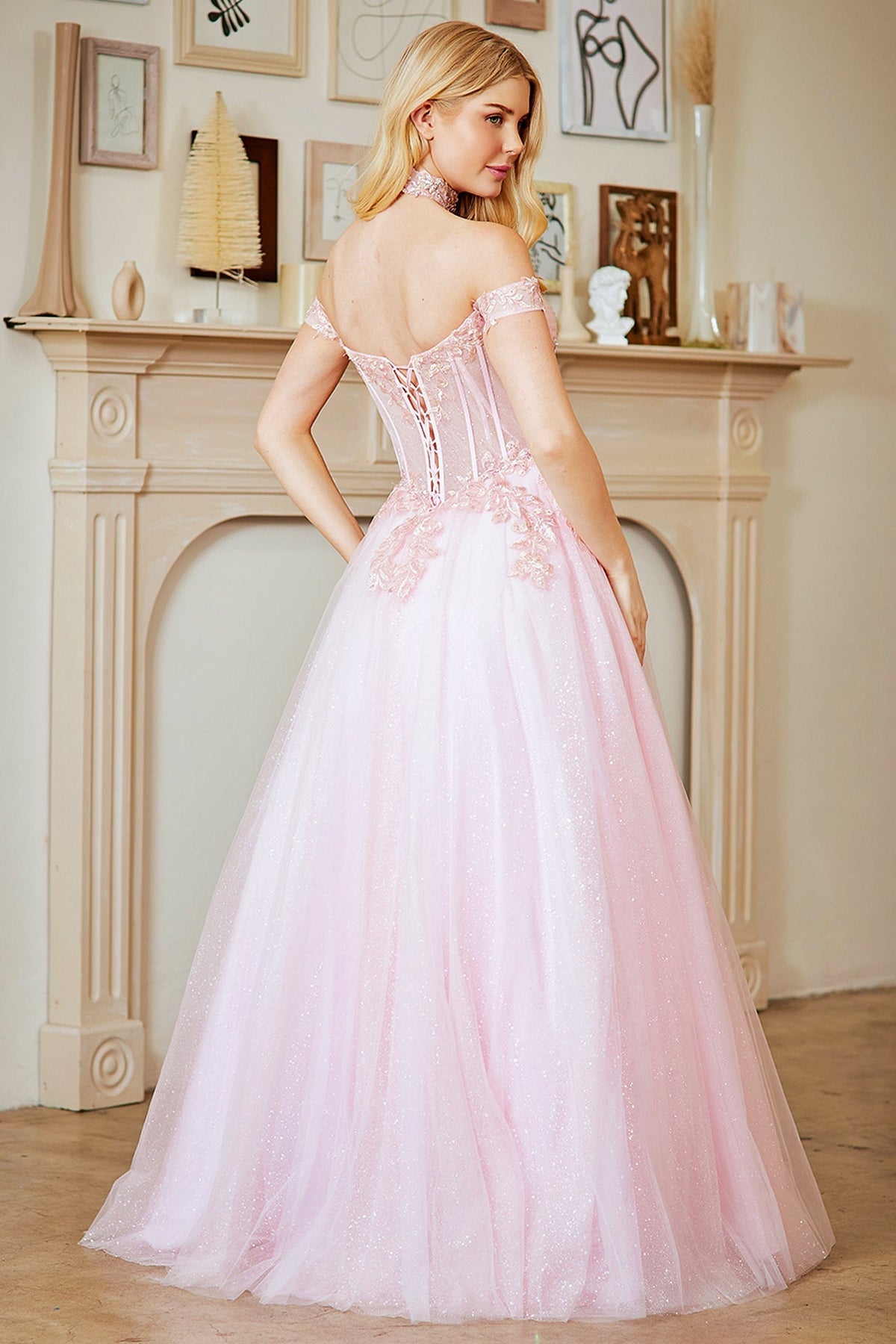 Off Shoulder A-Line Gown with Corset Bodice Glitter Tulle Skirt by Amelia Couture 8064