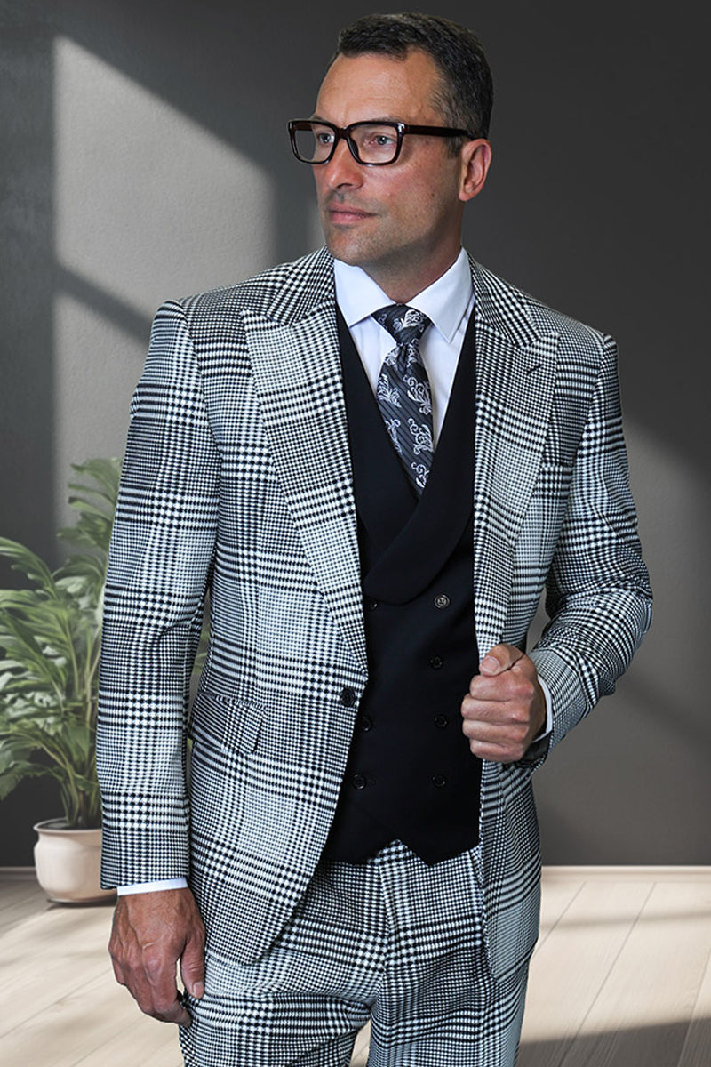 Statement Men's 3 Piece 100% Wool Plaid Suit - Modern Fit