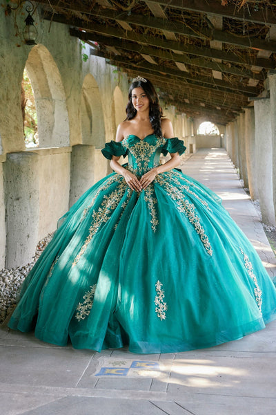 Juliet JT1504J Off Shoulder Applique A-Line Satin Quinceanera Dress
