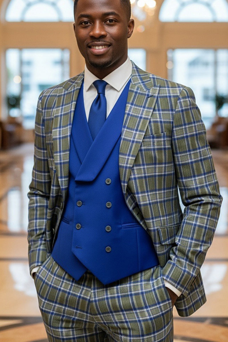 Men's Designer One Button Peak Lapel Italian Wool Suit with Double Breasted Vest in Royal Blue Plaid by Statement