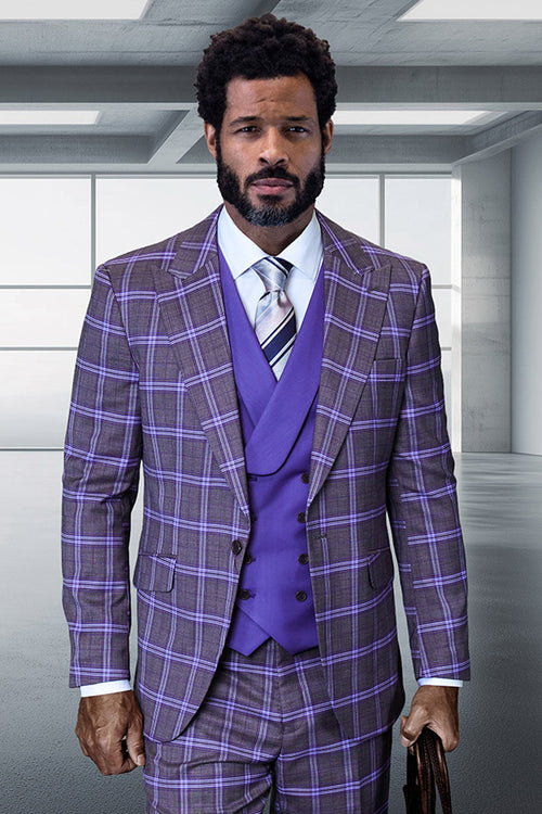 Men's Designer One Button Peak Lapel Italian Wool Suit with Double Breasted Vest in Purple Plaid by Statement